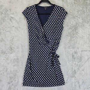 Ann Taylor Dress Womens 2P Petite Navy Blue White Wrap Tie Waist Geometric Print